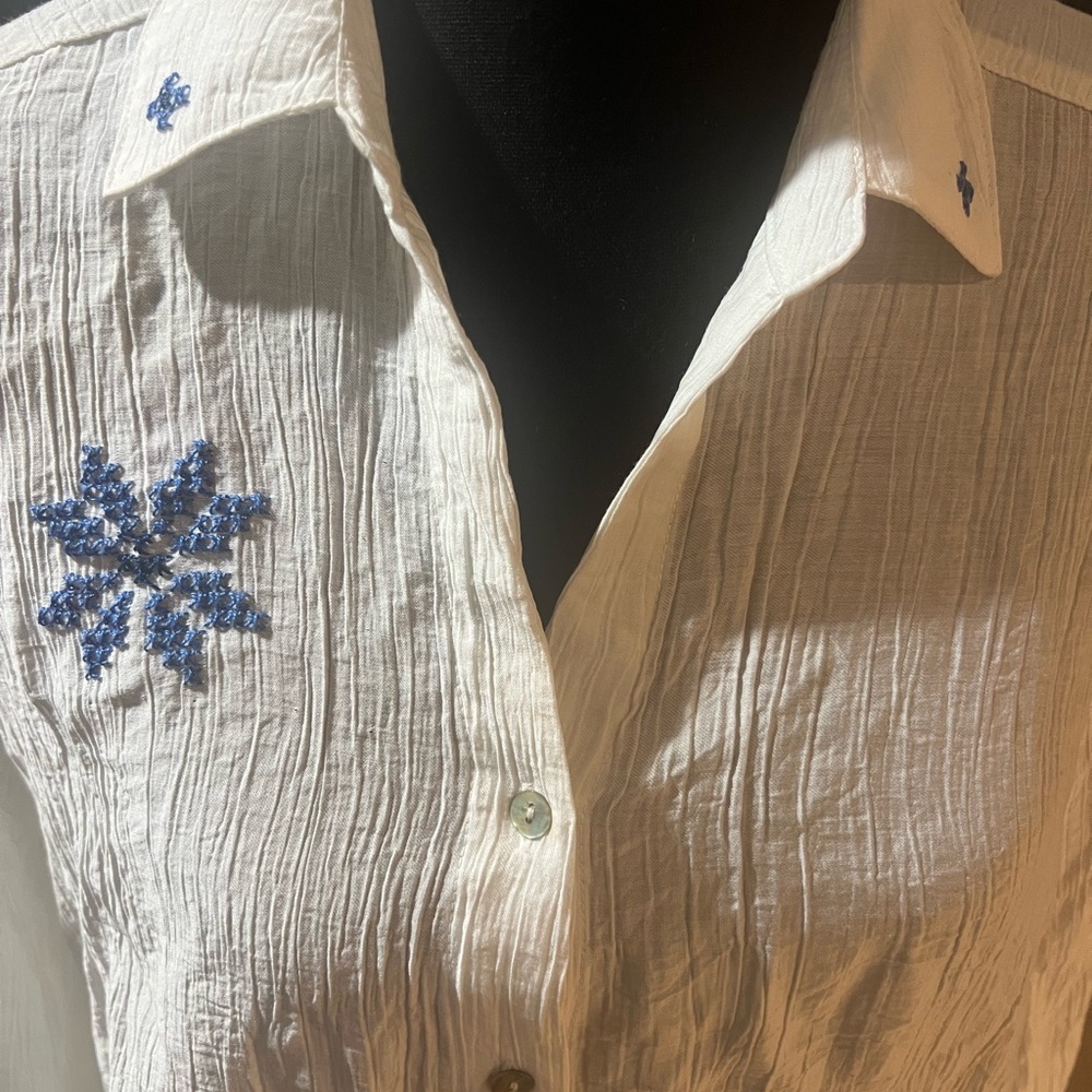 White Crinkle Blouse with Blue Embellishments